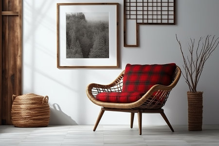 Interior of modern living room with wicker rattan armchairの素材
