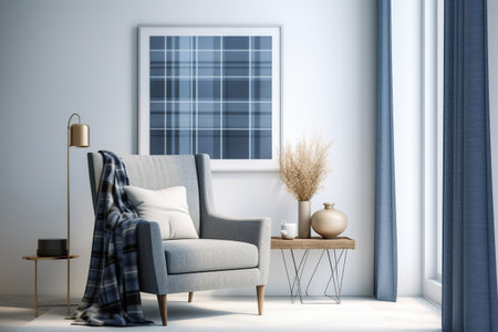 interior with grey armchair, coffee table and plaid. 3d renderの素材