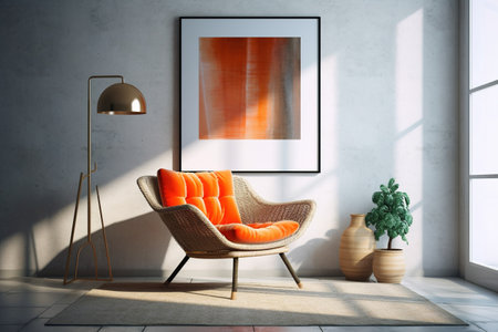 Interior of modern living room with orange armchair, lamp and plant. 3d renderの素材