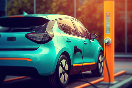 Electric car is charging on the charging station.EV charging station concept.の素材