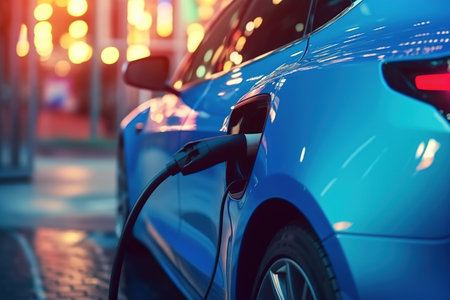 Charging an electric car at a power station. Close-up.の素材
