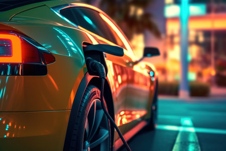 Charging an electric car in the city at night. 3d renderingの素材