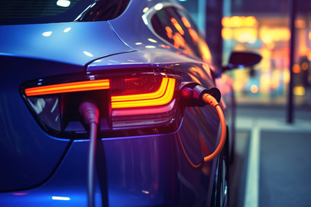 Charging an electric car in the city, closeup of photoの素材