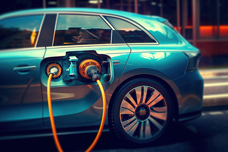 Charging an electric car with an electric cable. 3D renderingの素材