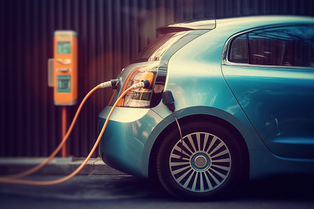 Charging an electric car on the street. Renewable eco technologies.の素材