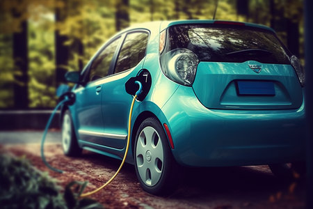 EV charging station for electric car in concept of green energy produced from sustainable source to supply to charger station in order to reduce CO2 emission.の素材
