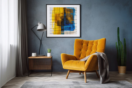 Interior of living room with yellow armchair, coffee table and poster on wallの素材