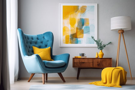 Interior of modern living room with blue armchair, lamp and vaseの素材