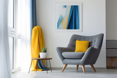 Interior of modern living room with grey armchair and yellow sofaの素材