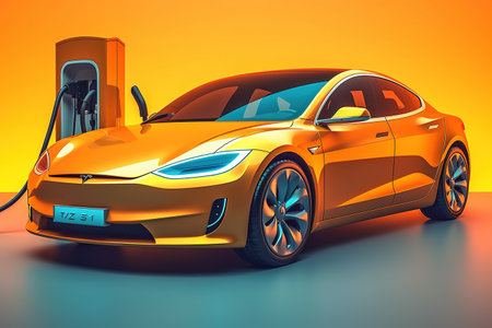 Electric Car Charging Station on Orange Background. 3d Renderingの素材