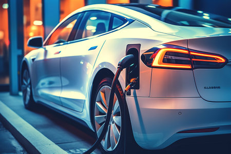 EV charging station for electric car in concept of green energy and eco power produced from sustainable source to supply to charger station in order to reduce CO2 emission.の素材