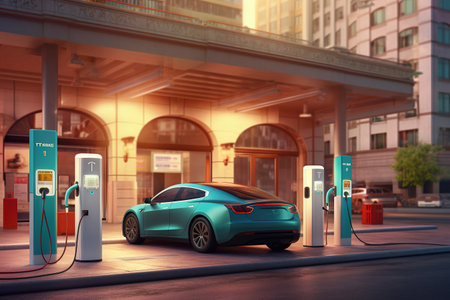 Electric car charging at a charging station. 3D rendering image.の素材