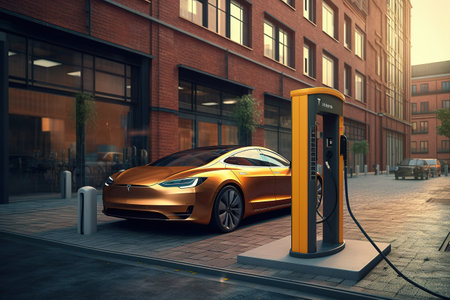 Electric car and charging station in the city. 3D rendering.の素材