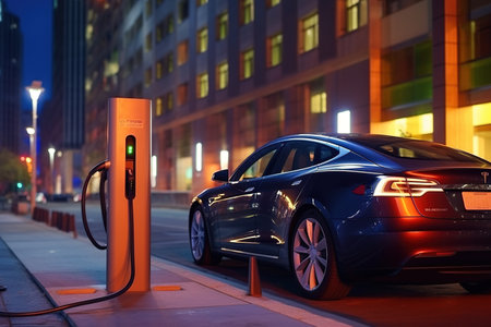 Electric car charging in the city at night, closeup of photoの素材