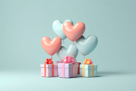 Gift boxes with heart shaped balloons on blue background. 3D renderingの素材