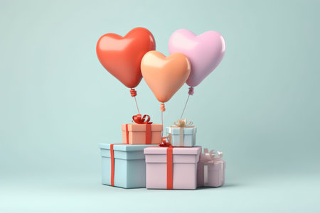 Gift boxes with heart shaped balloons on pastel background. 3D renderingの素材
