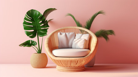 3d rendering of a wicker chair with pillows and a tropical plant in a potの素材