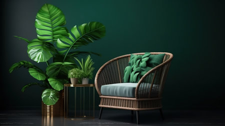 Comfortable armchair with green cushions and tropical plants. 3d renderingの素材