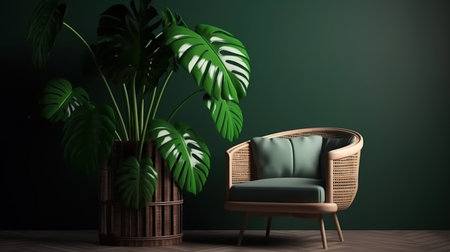 Comfortable armchair in the living room with monstera leaves. 3d renderingの素材