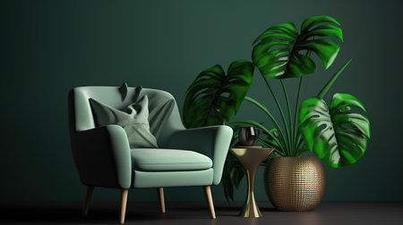 Comfortable armchair near green wall with monstera. 3D renderingの素材