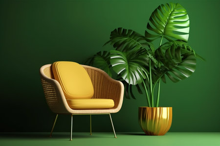 Yellow armchair in green interior with monstera plant. 3d renderの素材