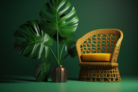 3d render of wicker chair with monstera leaf on green backgroundの素材