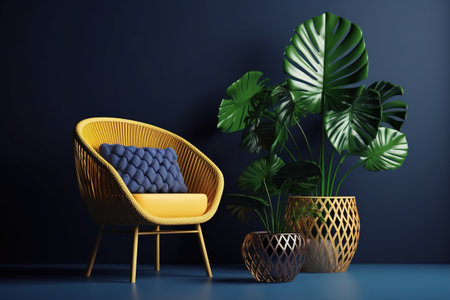 Interior of modern living room with yellow armchair, tropical plants and blue wall. 3d renderの素材
