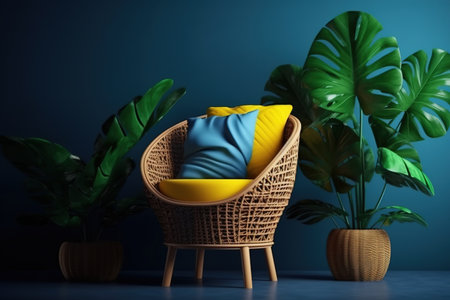 Comfortable armchair with pillows and monstera plant on color backgroundの素材
