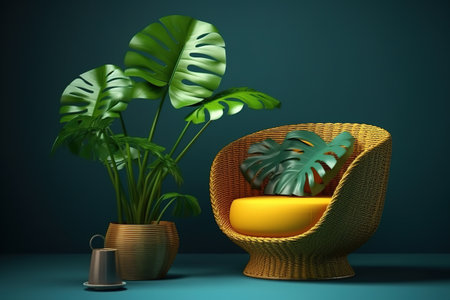 3D render of a wicker chair with monstera plant in a potの素材