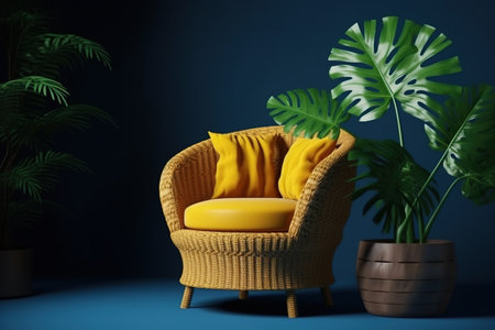 Comfortable armchair with yellow cushions and monstera leaves on blue background. 3d renderingの素材