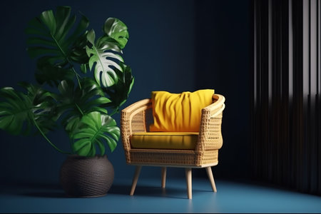Armchair with pillow and monstera plant on blue background. 3d renderingの素材