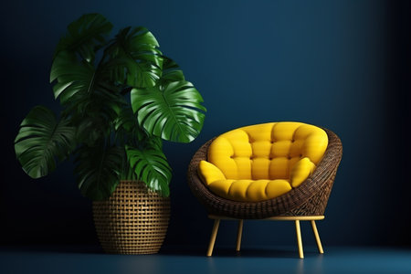 Comfortable armchair and monstera plant in vase on blue backgroundの素材