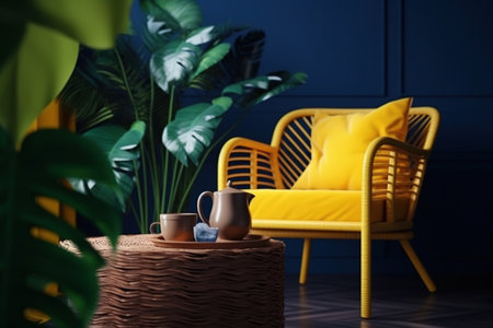Stylish living room interior with yellow armchair, plant and coffee potの素材