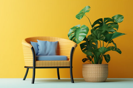 Comfortable armchair with pillows and monstera plant on color backgroundの素材