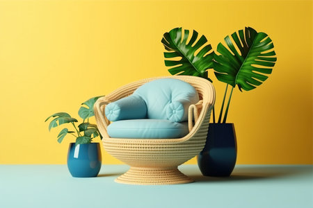 Comfortable armchair with pillows and monstera on yellow backgroundの素材