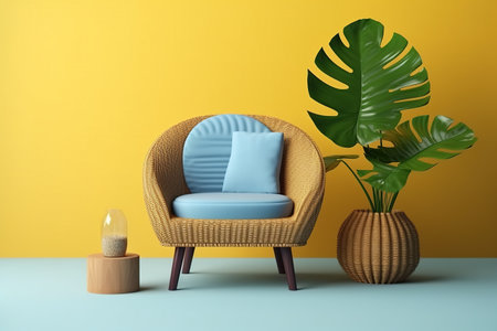 Comfortable armchair with pillows and palm leaf on yellow background. 3d renderの素材
