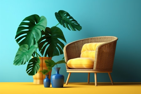 Comfortable armchair in living room with monstera plant. 3d renderの素材