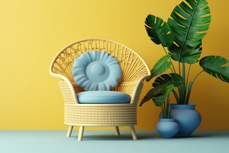 Wicker armchair with a pillow and a potted plant on a blue-yellow background. 3d renderingの素材