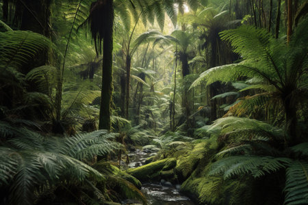 Tropical rainforest with stream and ferns, New Zealandの素材