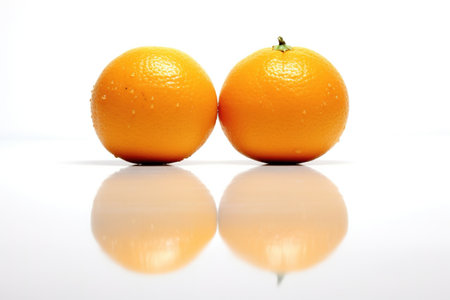 two oranges isolated on white background with reflection in water. studio shotの素材