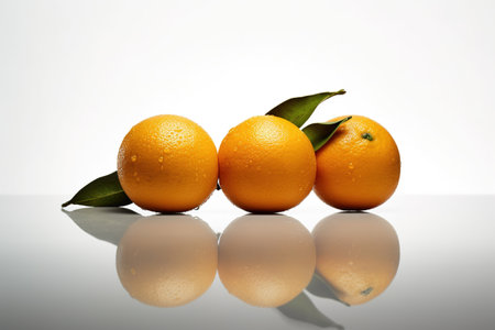 Oranges with leaves on a white background with reflection and copy spaceの素材