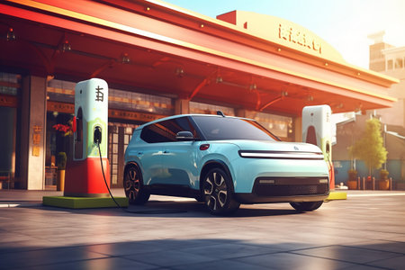 mini EV Electric car at charging station. EV concept. 3D Renderingの素材