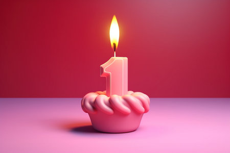Birthday cake with one candle on pink background. 3D renderingの素材