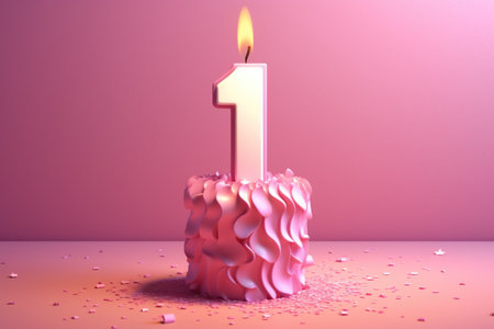 Birthday cake with one candle. 3D render. Pink background.の素材