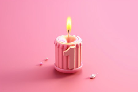 Candle with number one on pink background. 3D illustration.の素材