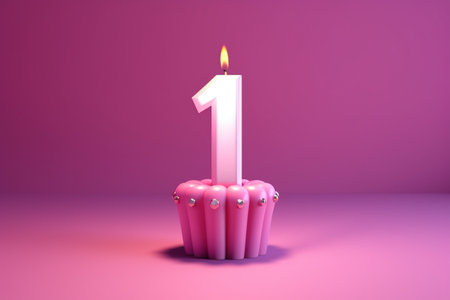 Birthday cake with one candle, 3d render, pink backgroundの素材