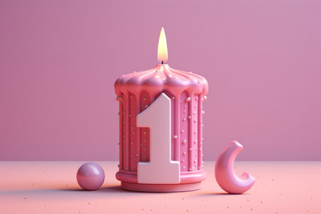 Birthday cake with number one candle. 3D render. Pink background.の素材