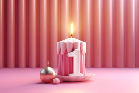 Birthday cake with one candle on pink background. 3D renderingの素材
