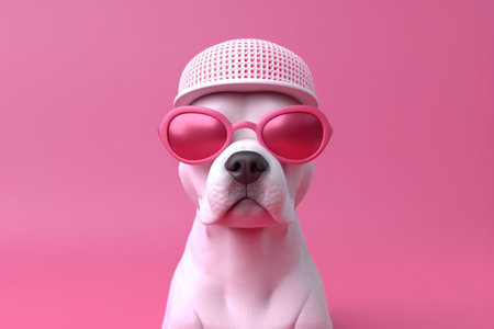 Cute dog with pink sunglasses on pink background, closeup viewの素材