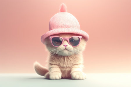 Cute cat wearing pink hat and sunglasses on pastel background.の素材
